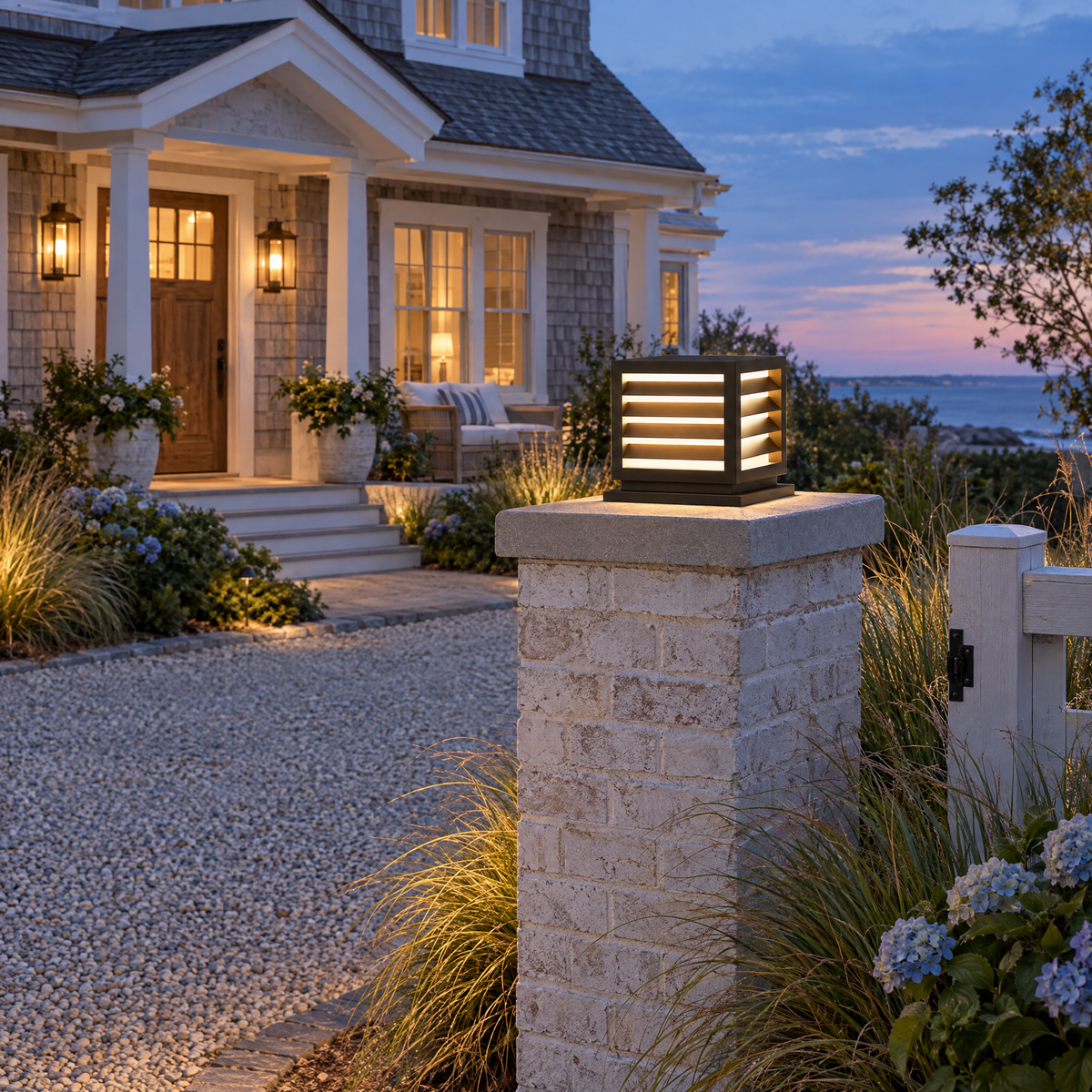 Waterproof Outdoor Pillar Light with Solar LED (Hardwired) – installed outdoors