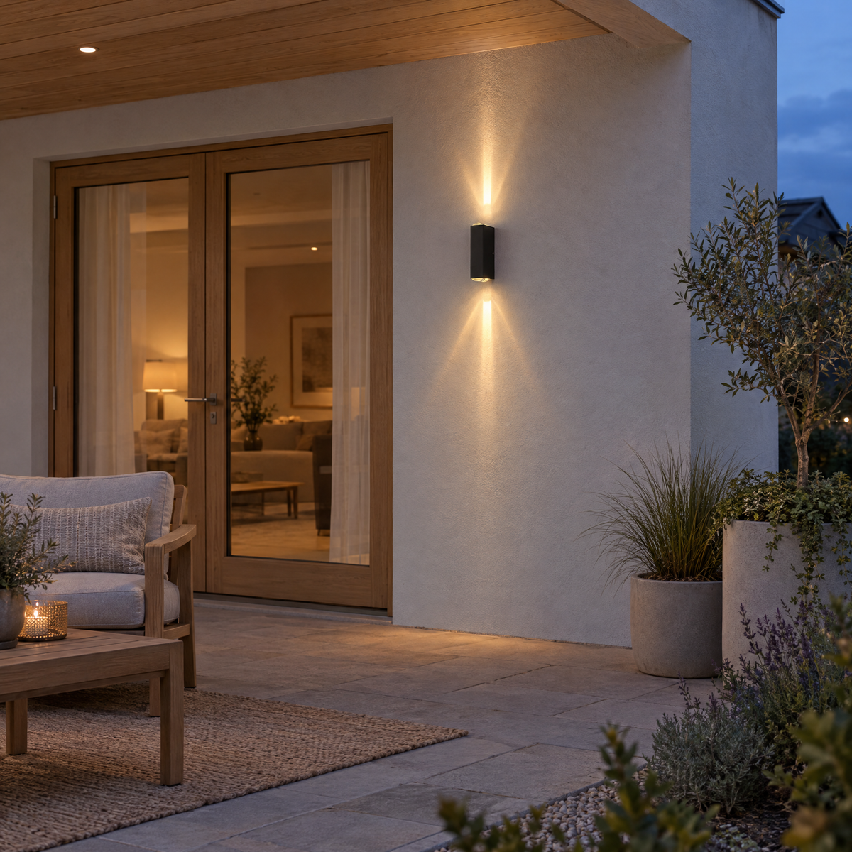 Modern Up & Down Outdoor Wall Sconce, IP65 (Symmetrical) – installed outdoors