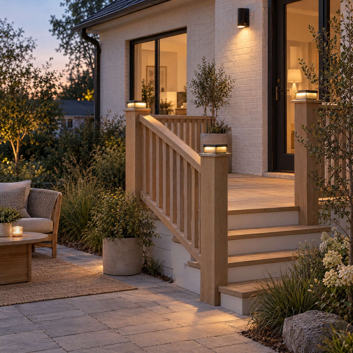 Square Solar Deck Light, Stainless Steel IP65 (Solar) – installed outdoors