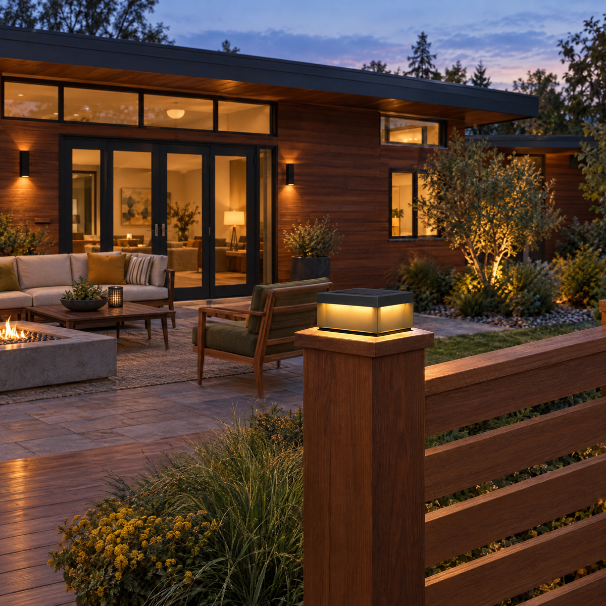 Square Solar Deck Light, Stainless Steel IP65 (Solar) – installed outdoors