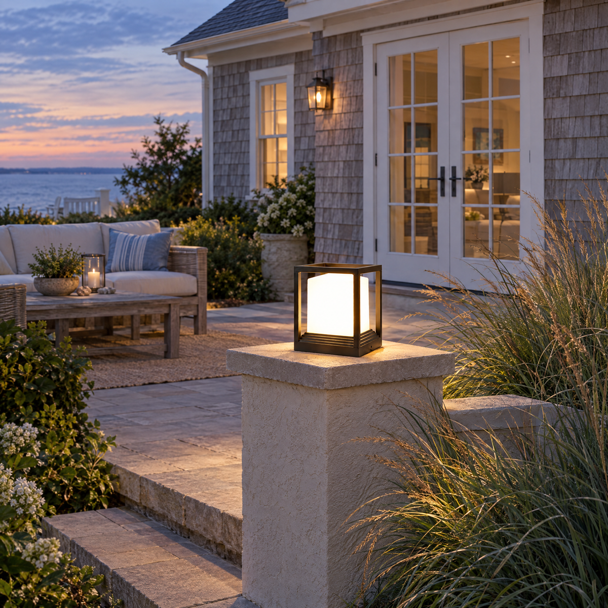 Solar Garden Pedestal Light, 3-Color LED (Hardwired) – installed outdoors