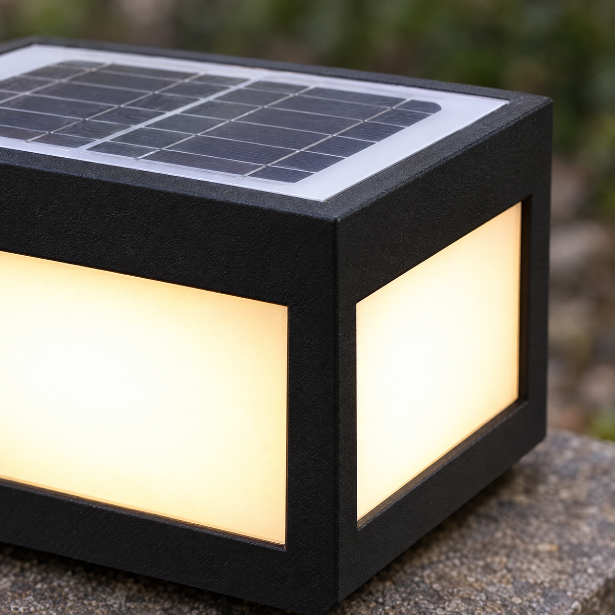 Black Square Pillar Light, Solar or Hardwired (Solar) – close-up detail