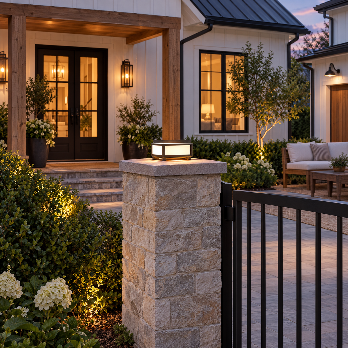 Black Square Pillar Light, Solar or Hardwired (Hardwired) – installed outdoors