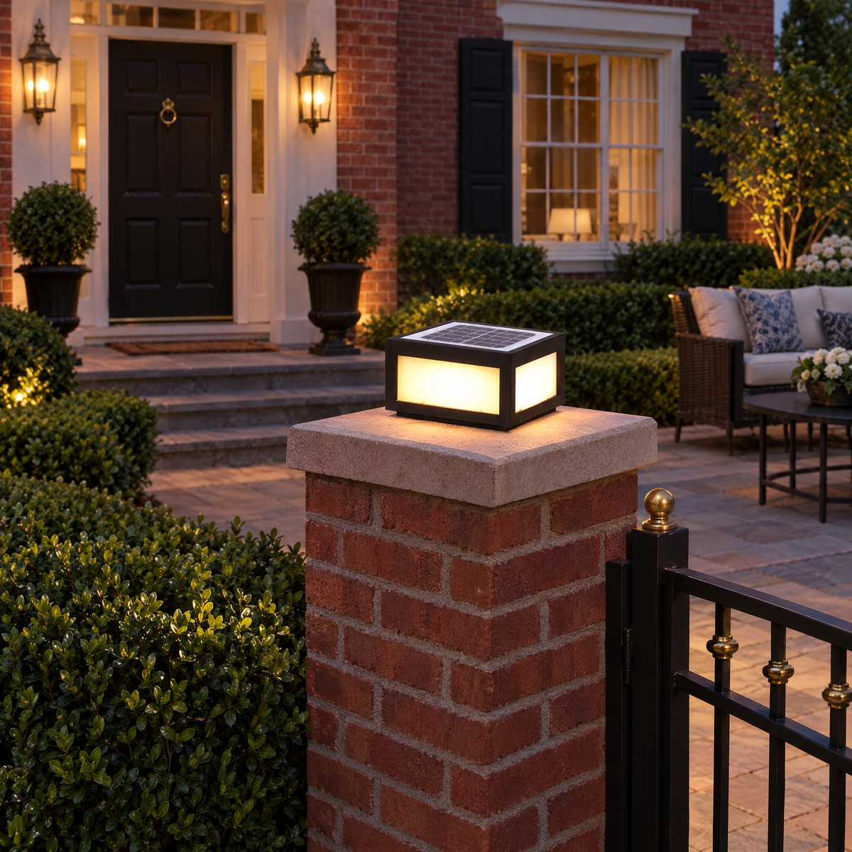 Black Square Pillar Light, Solar or Hardwired (Solar) – installed outdoors