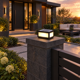 Black Square Pillar Light, Solar or Hardwired (Solar) – installed outdoors