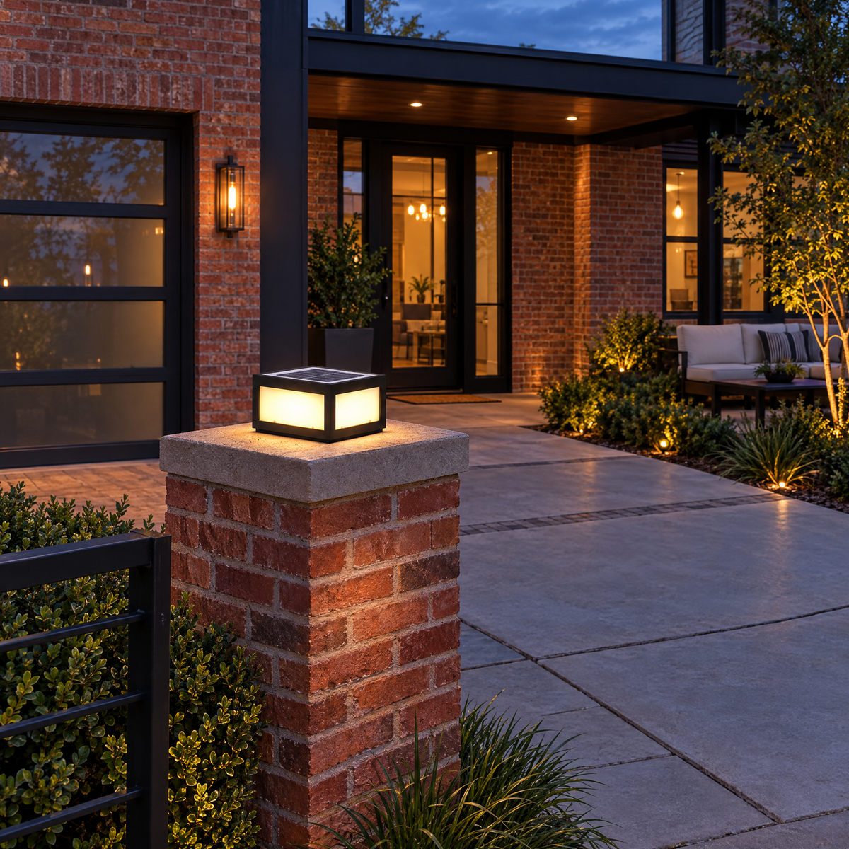 Black Square Pillar Light, Solar or Hardwired (Solar) – installed outdoors