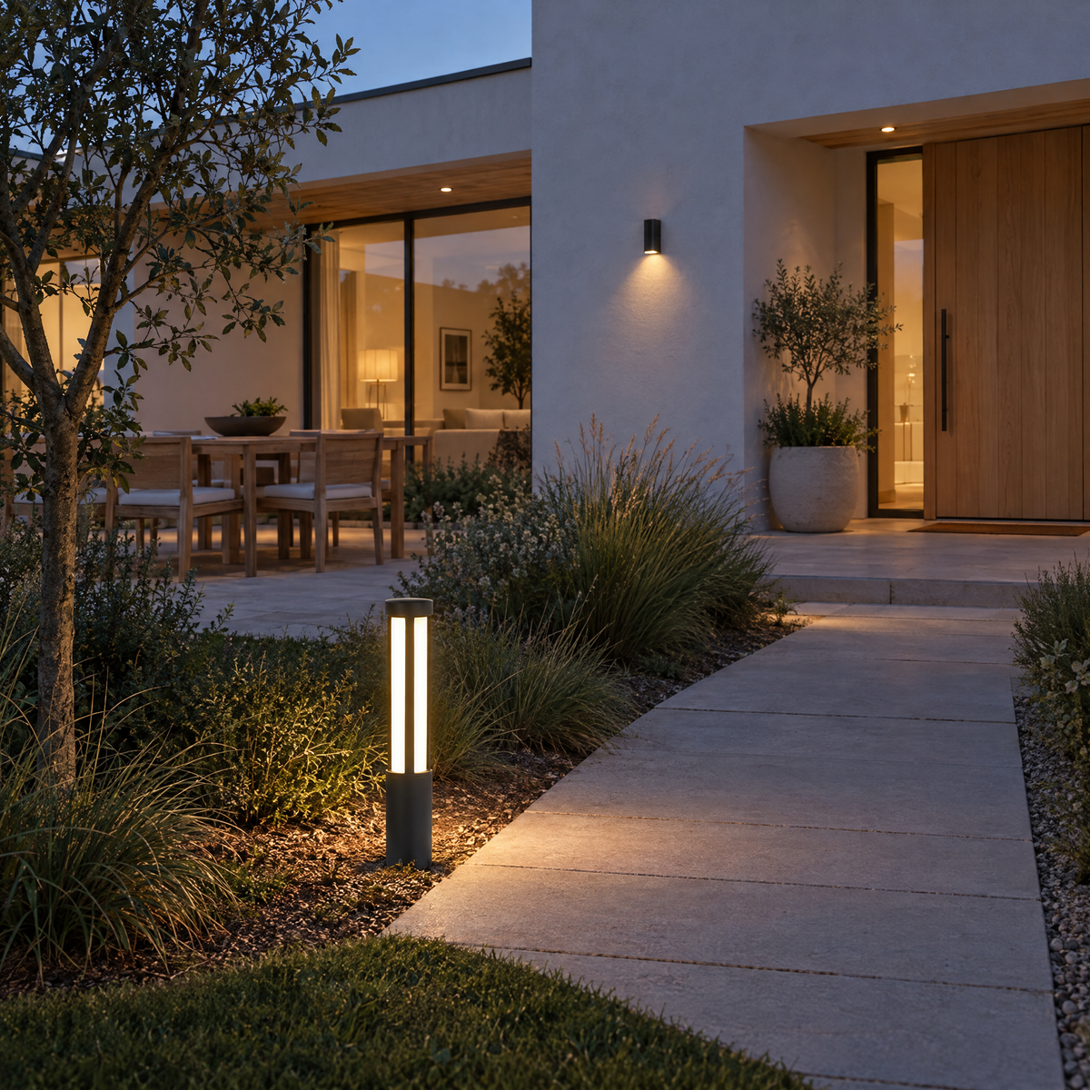 Modern LED Bollard Light, IP65 Path Lighting – installed outdoors