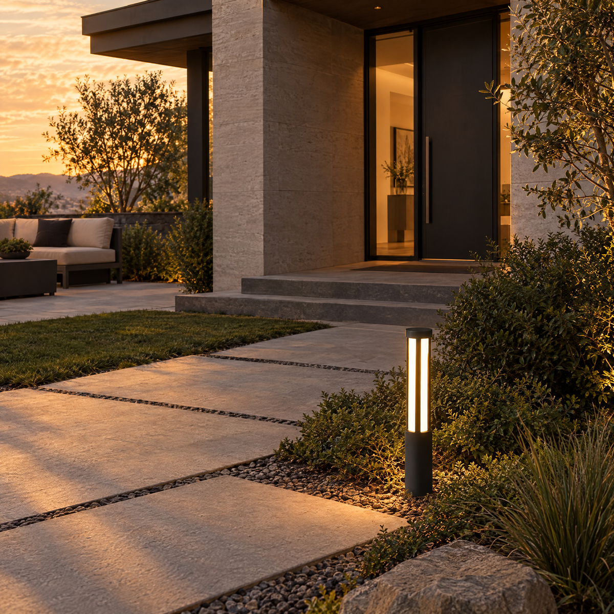 Modern LED Bollard Light, IP65 Path Lighting – installed outdoors