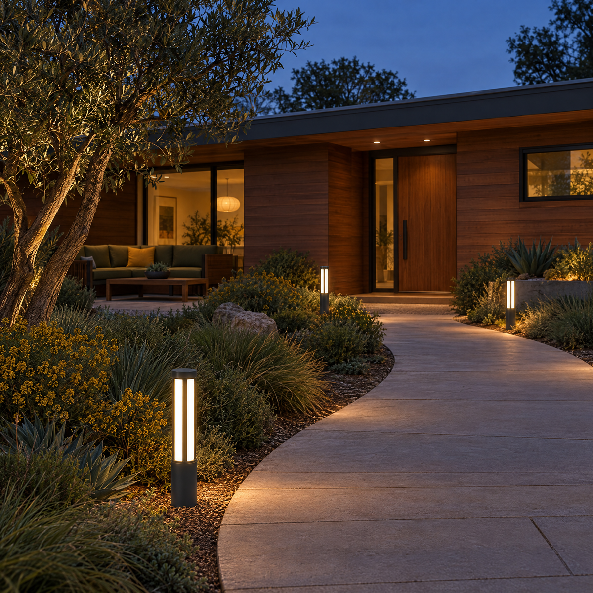 Modern LED Bollard Light, IP65 Path Lighting – installed outdoors