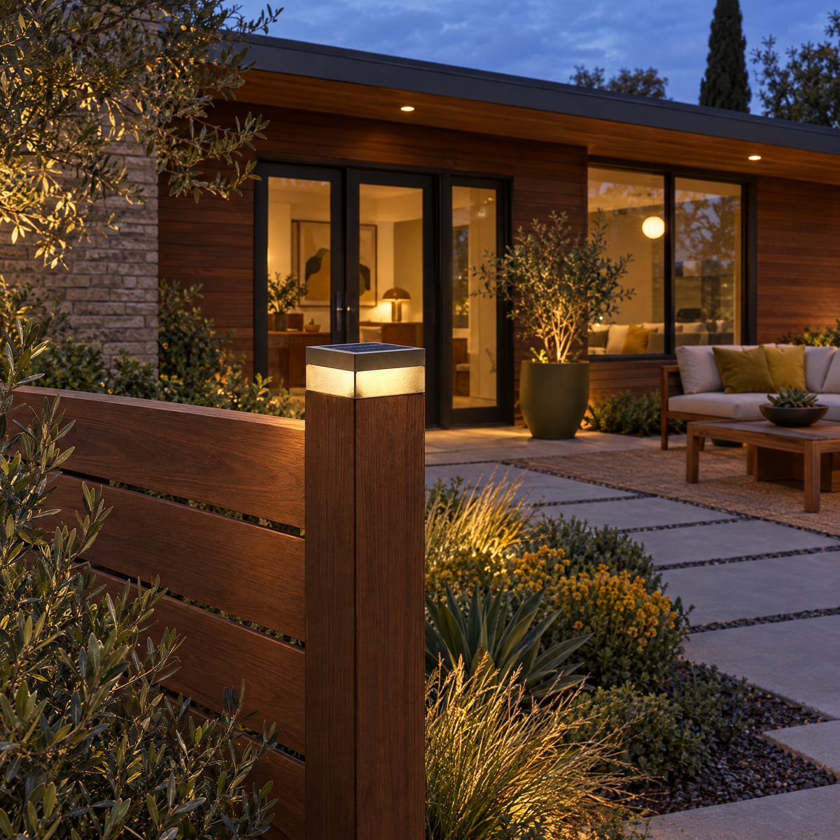 Modern Square Fence Post Light, IP65 LED (Solar) – installed outdoors