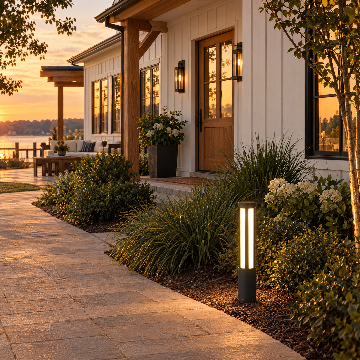 Modern LED Bollard Light, IP65 Path Lighting – installed outdoors