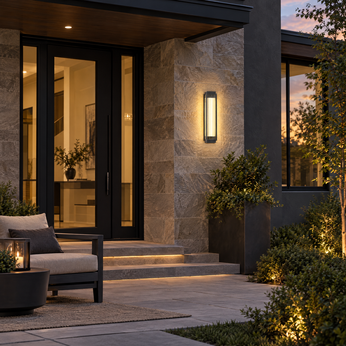 Reeded Glass Outdoor Wall Sconce, Modern LED – installed outdoors