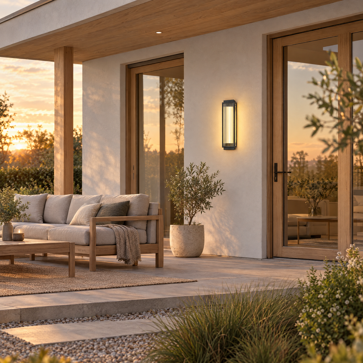 Reeded Glass Outdoor Wall Sconce, Modern LED – installed outdoors