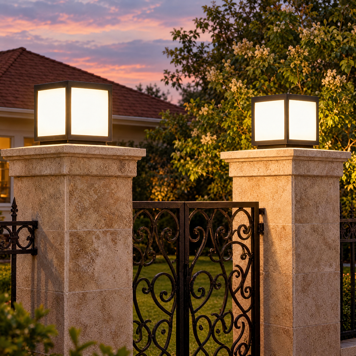 Black Square Pillar Light, Solar or Hardwired