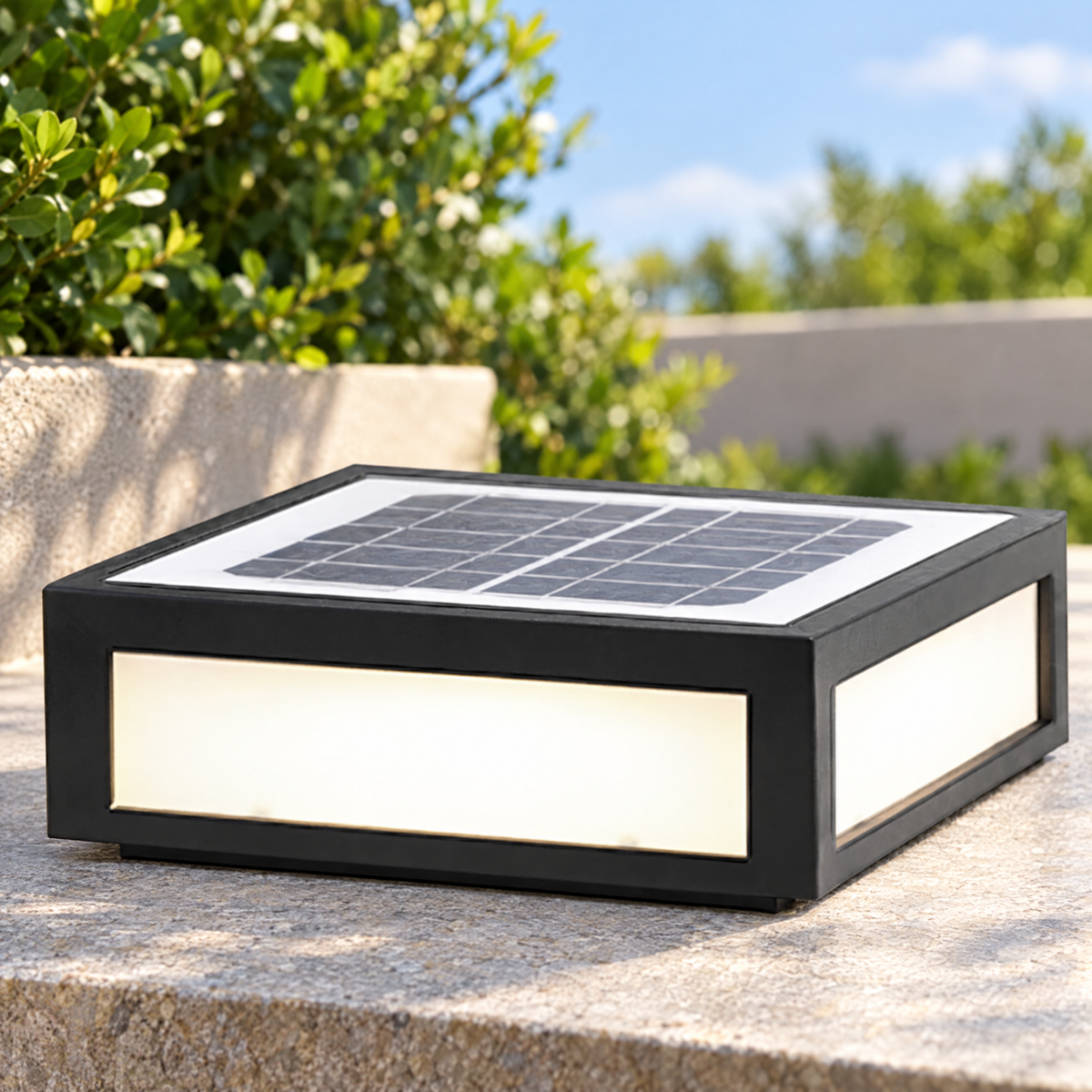 Black Square Pillar Light, Solar or Hardwired