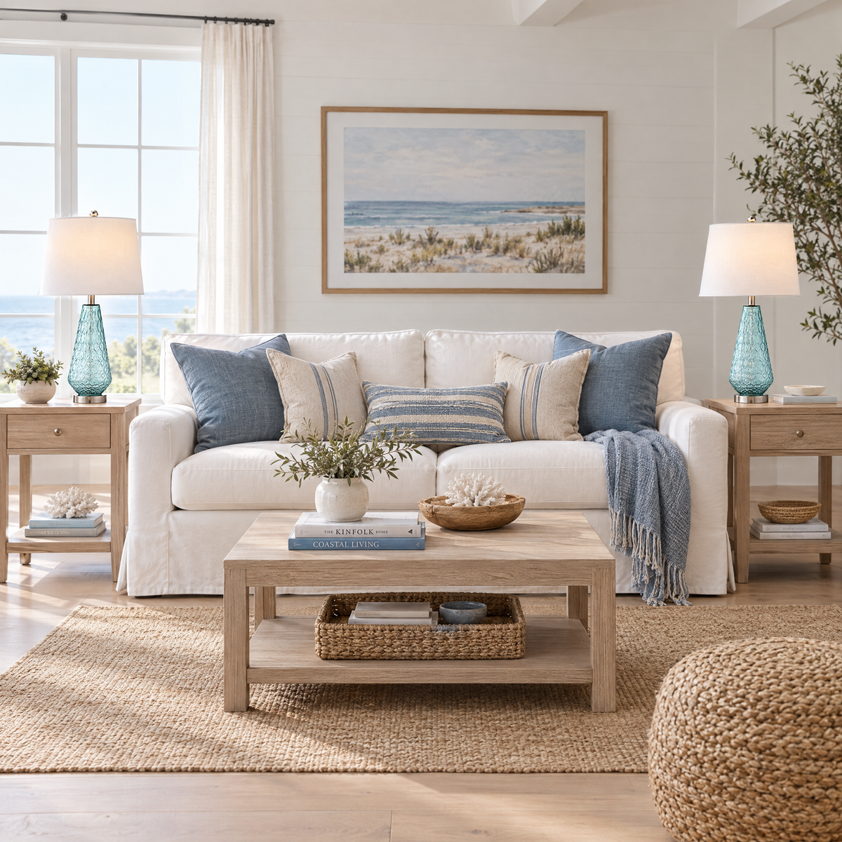 Pair of blue glass table lamps on oak end tables flanking a white sofa in a modern coastal living room
