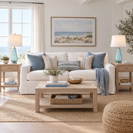 Pair of blue glass table lamps on oak end tables flanking a white sofa in a modern coastal living room