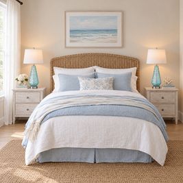 Pair of coastal blue glass table lamps on whitewashed nightstands in a coastal bedroom
