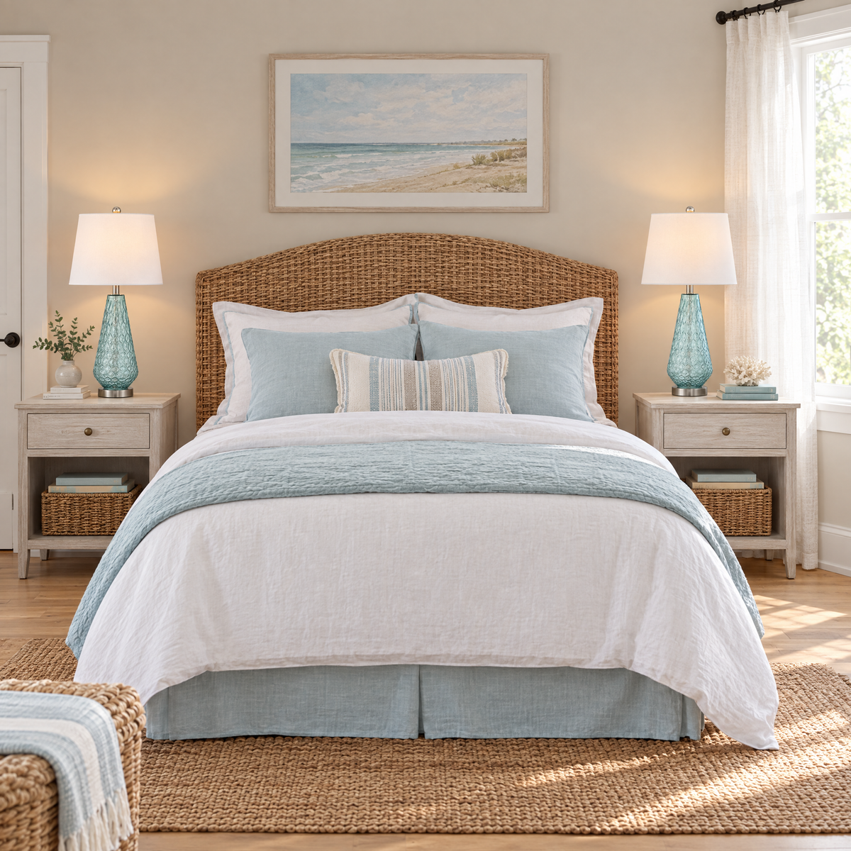 Pair of coastal blue glass table lamps on whitewashed nightstands in a coastal bedroom
