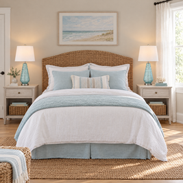 Pair of coastal blue glass table lamps on whitewashed nightstands in a coastal bedroom