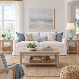 Pair of blue glass table lamps on oak end tables flanking a white sofa in a modern coastal living room