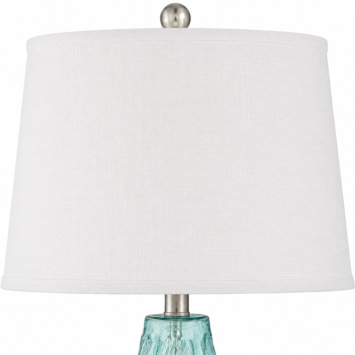White linen tapered drum shade with brushed nickel finial