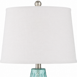 White linen tapered drum shade with brushed nickel finial