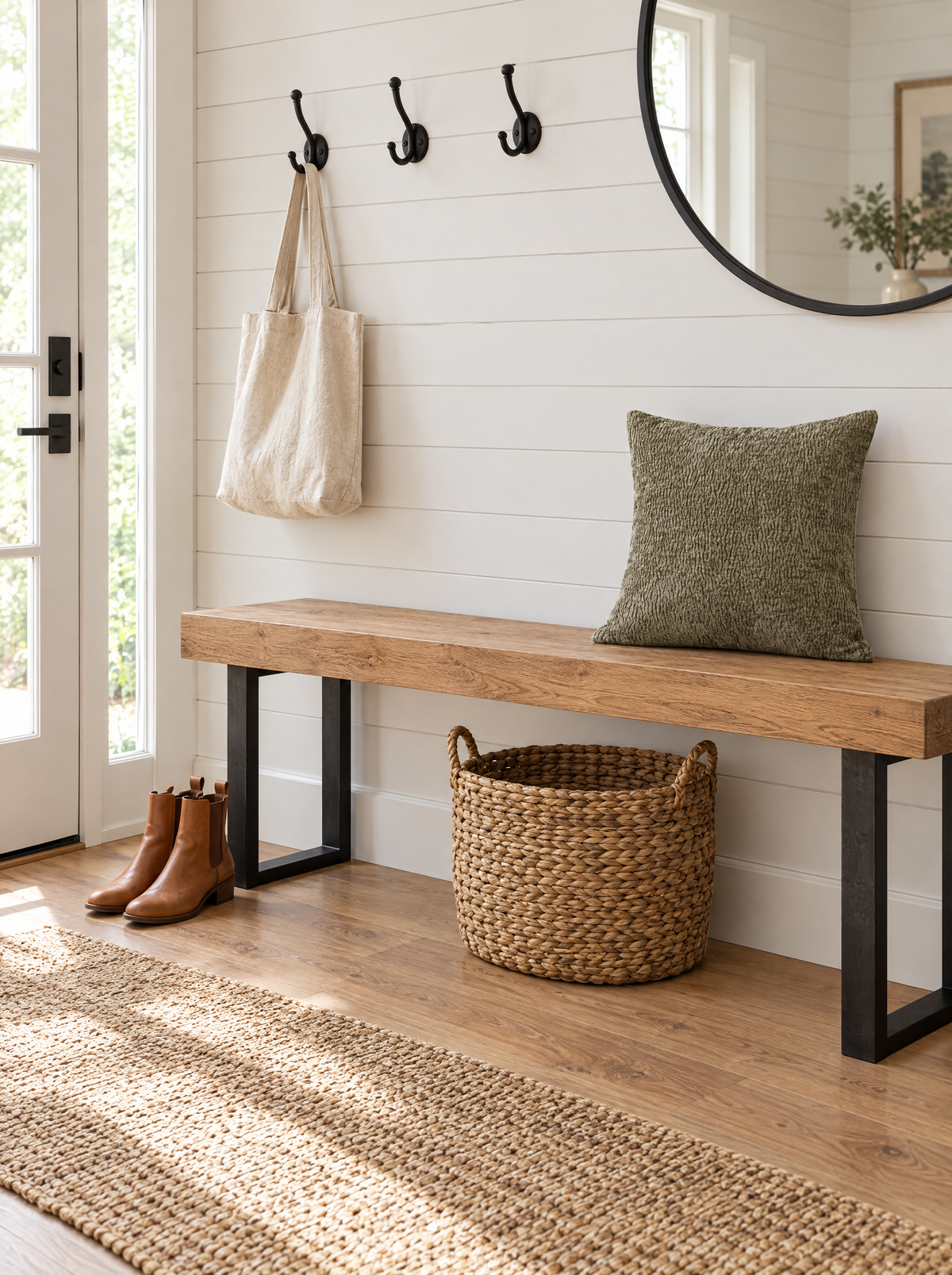 Dark sage jacquard pillow cover on an oak entryway bench against white shiplap