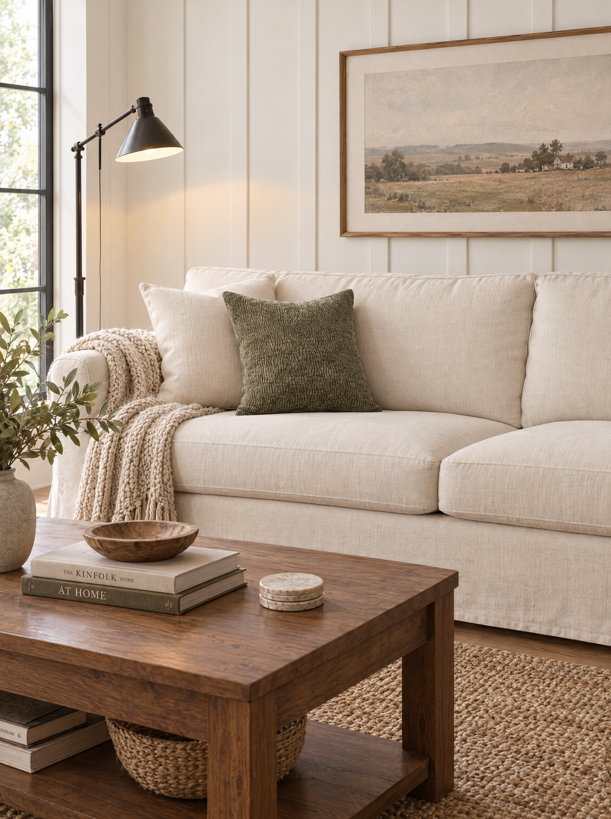 Dark sage jacquard pillow cover on a cream linen sofa in a modern farmhouse living room