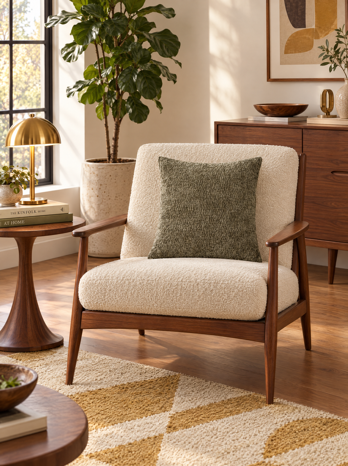 Dark sage jacquard pillow cover on a mid-century walnut lounge chair