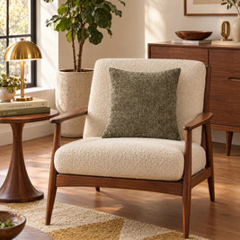 Dark sage jacquard pillow cover on a mid-century walnut lounge chair
