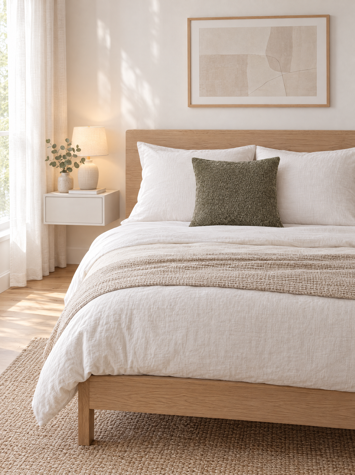 Dark sage jacquard pillow cover on a white linen bed in a Scandinavian bedroom