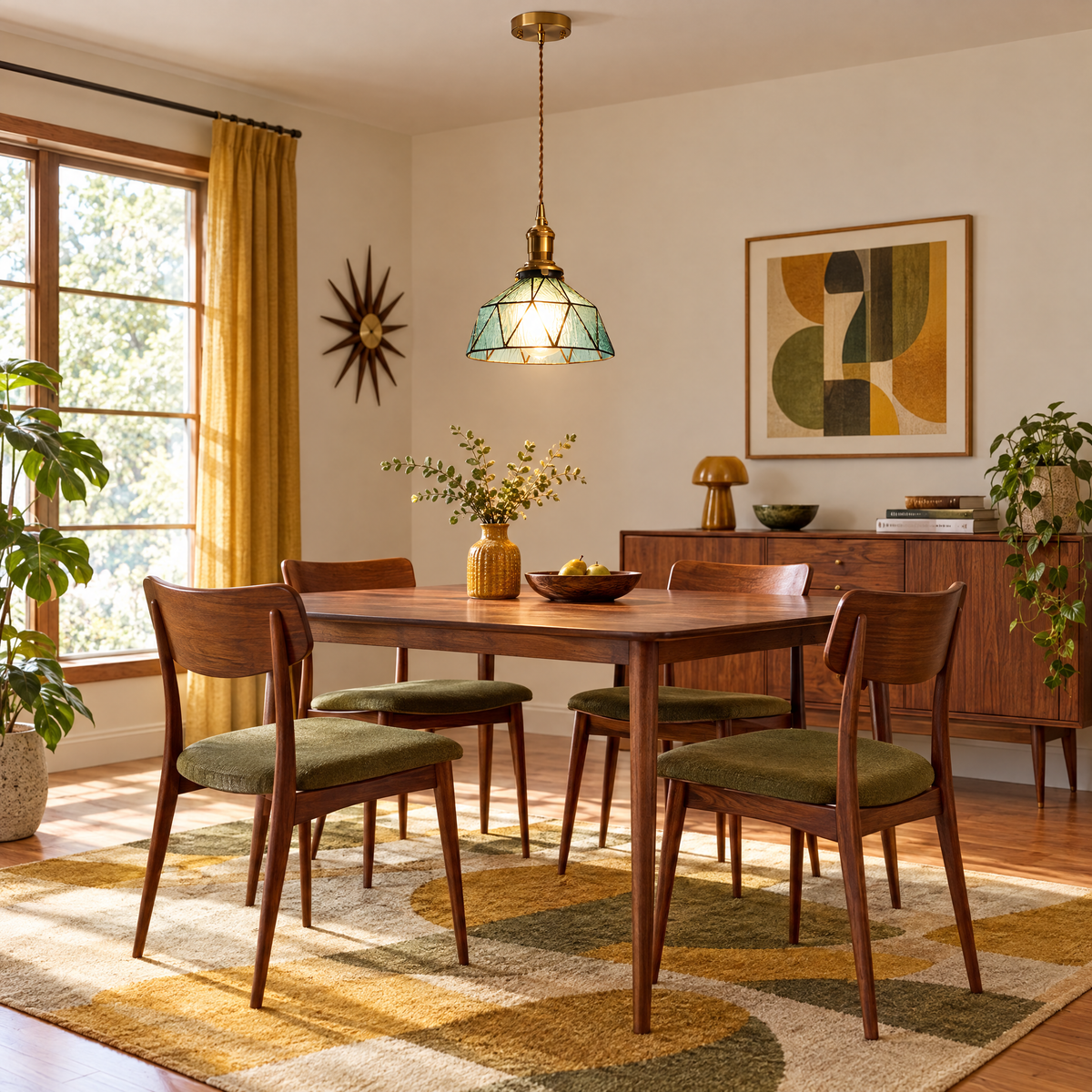 Vintage Stained Glass Pendant Light, Copper - Blue in a dining room
