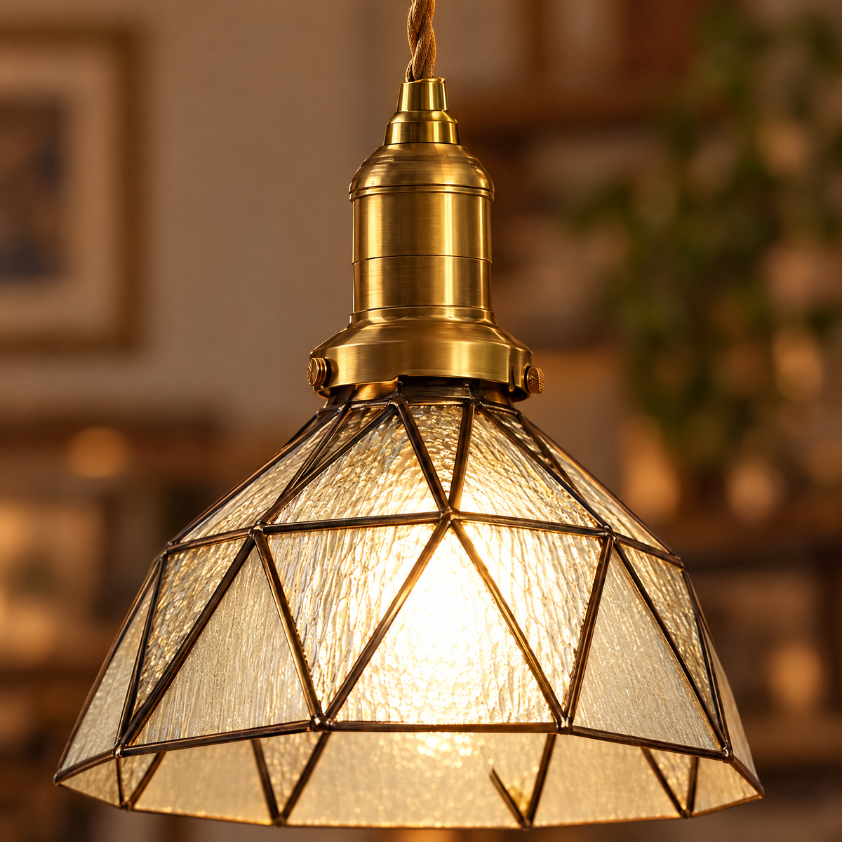 Vintage Stained Glass Pendant Light, Copper - Transparent close-up detail