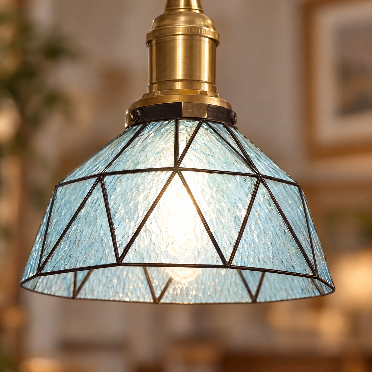 Vintage Stained Glass Pendant Light, Copper - Blue close-up detail
