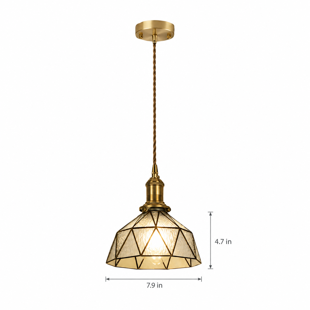 Vintage Stained Glass Pendant Light, Copper - Transparent on white with dimensions