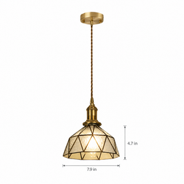 Vintage Stained Glass Pendant Light, Copper - Transparent on white with dimensions