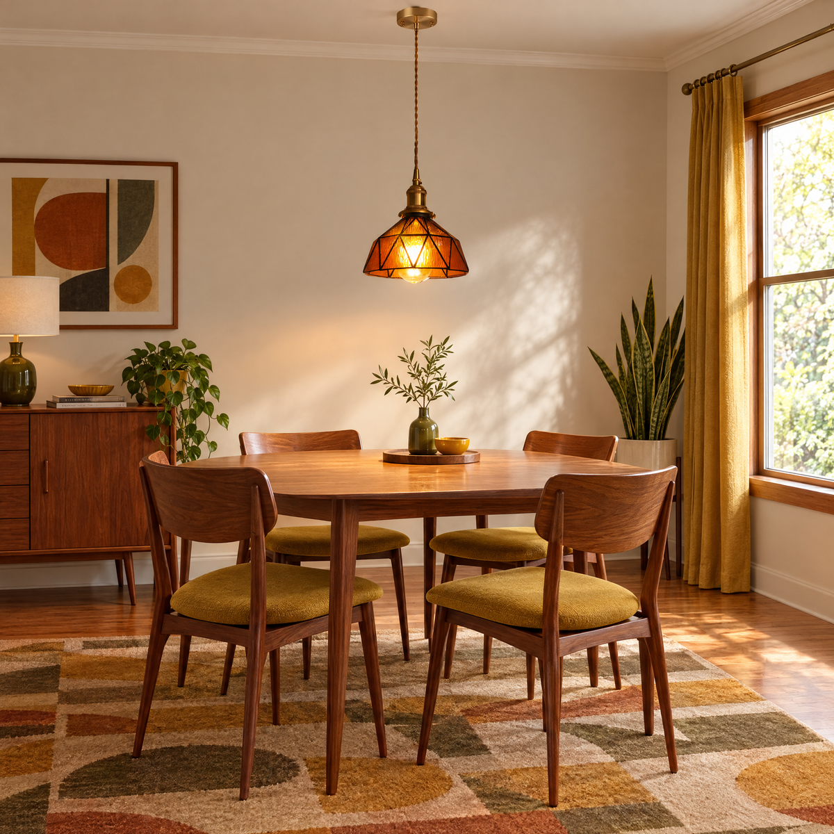 Vintage Stained Glass Pendant Light, Copper - Amber in a dining room