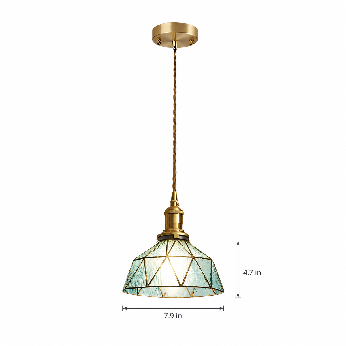 Vintage Stained Glass Pendant Light, Copper - Blue on white with dimensions