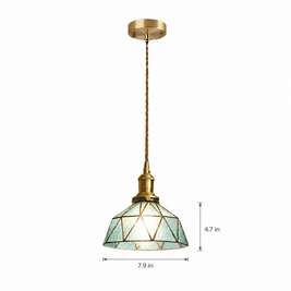 Vintage Stained Glass Pendant Light, Copper - Blue on white with dimensions