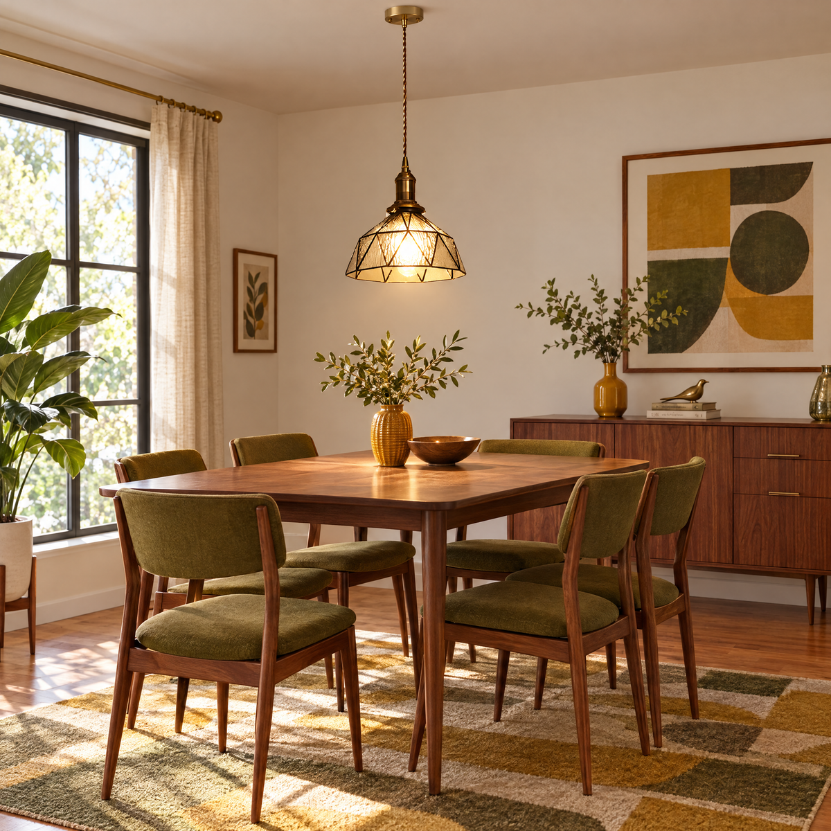 Vintage Stained Glass Pendant Light, Copper - Transparent in a dining room