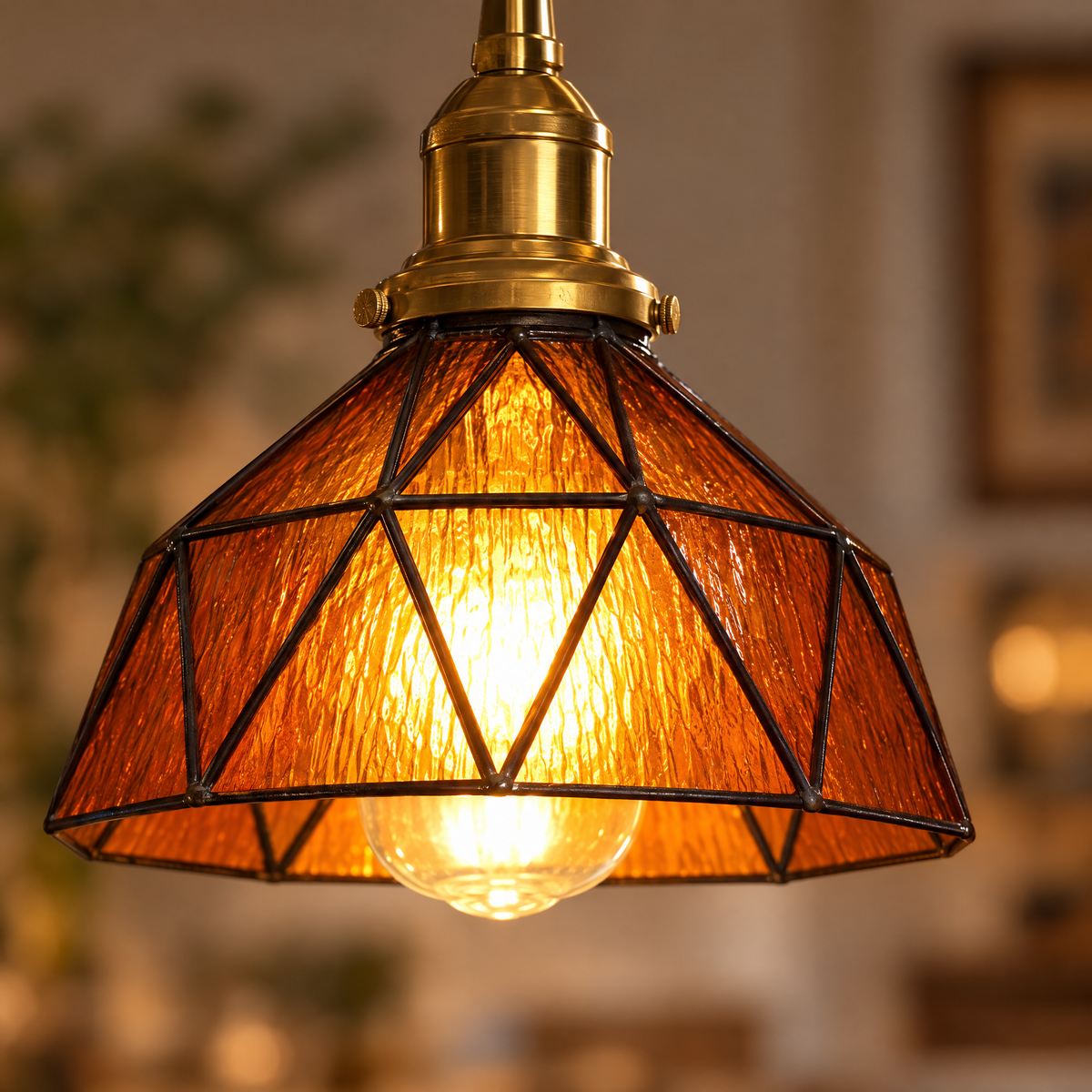Vintage Stained Glass Pendant Light, Copper - Amber close-up detail