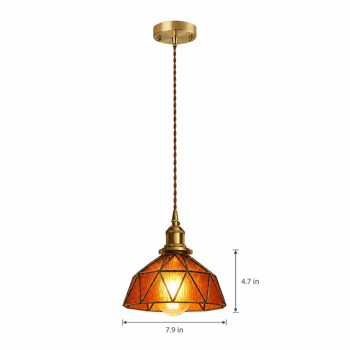 Vintage Stained Glass Pendant Light, Copper - Amber on white with dimensions