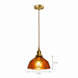 Vintage Stained Glass Pendant Light, Copper - Amber on white with dimensions