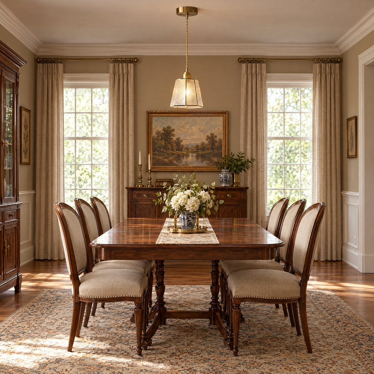 Polygonal Brass & Glass LED Pendant Light - Transparent in a dining room