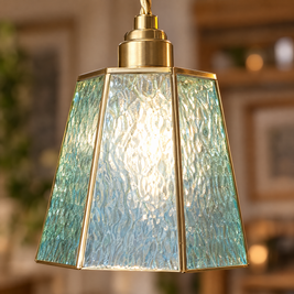 Polygonal Brass & Glass LED Pendant Light - Blue close-up detail
