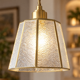 Polygonal Brass & Glass LED Pendant Light - Transparent close-up detail