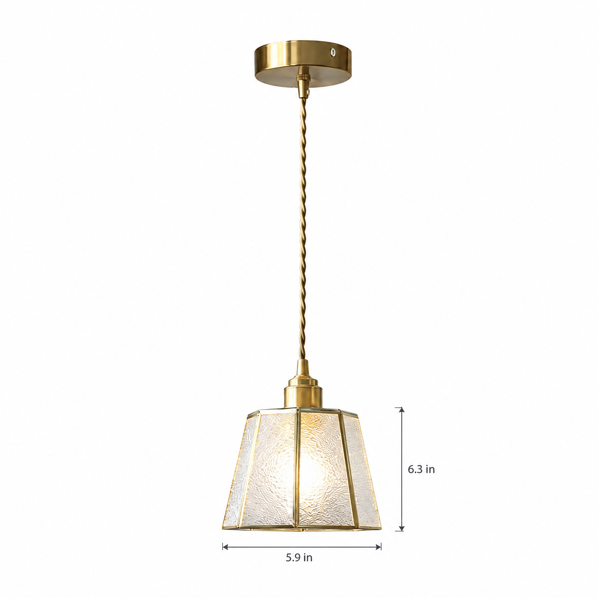 Polygonal Brass & Glass LED Pendant Light - Transparent on white with dimensions