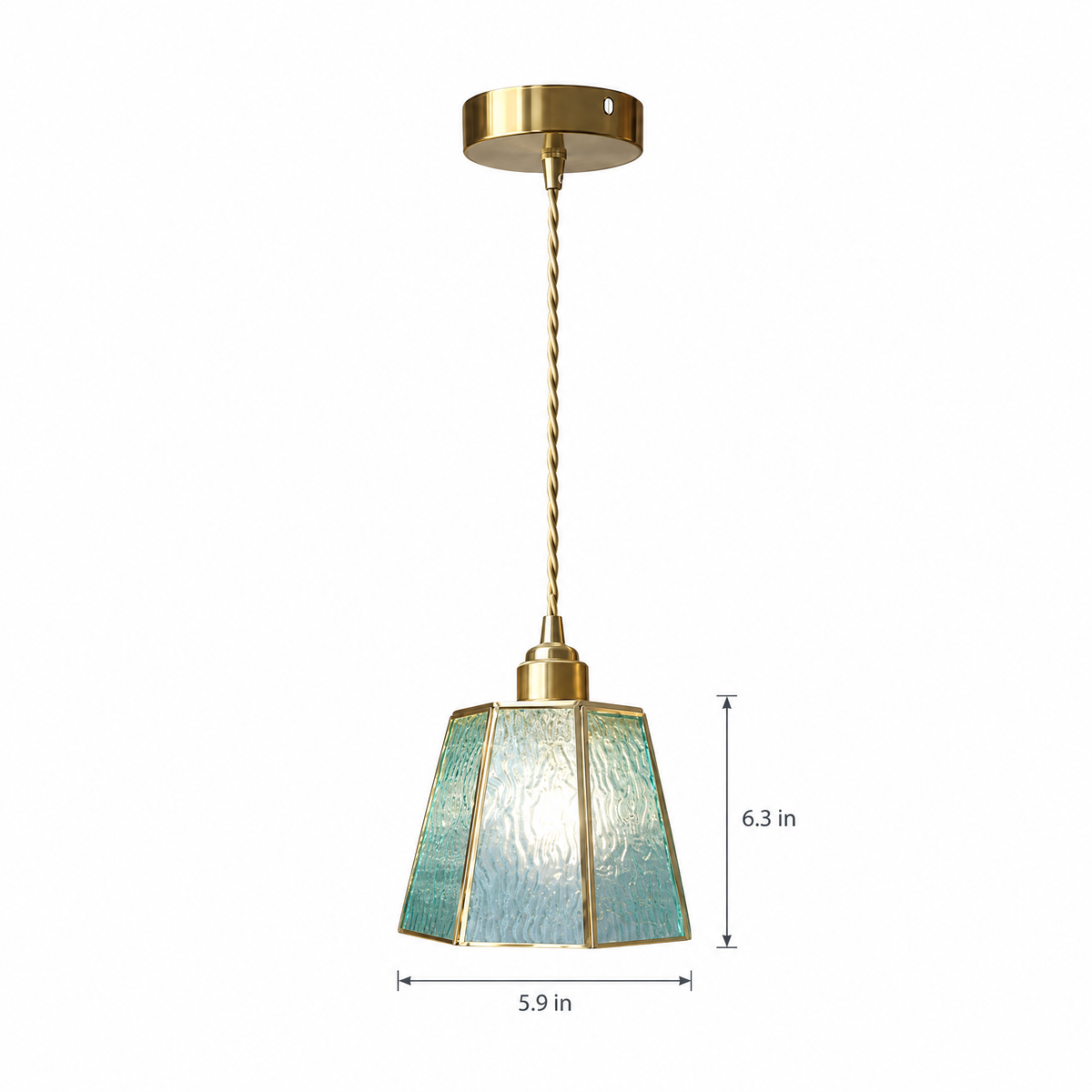 Polygonal Brass & Glass LED Pendant Light - Blue on white with dimensions
