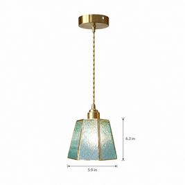 Polygonal Brass & Glass LED Pendant Light - Blue on white with dimensions